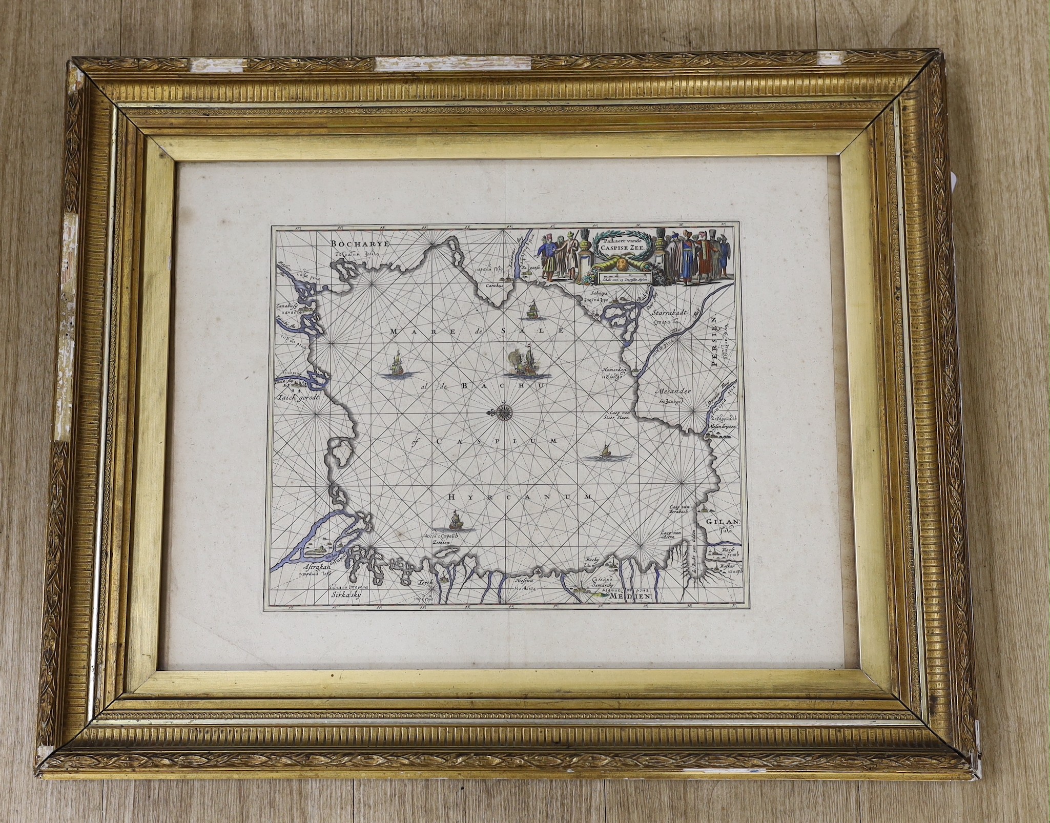 Olfert Dapper, a hand-coloured engraved map, ‘’Paskaert vande Caspise Zee’’, circa 1672, 29 x 35cm.